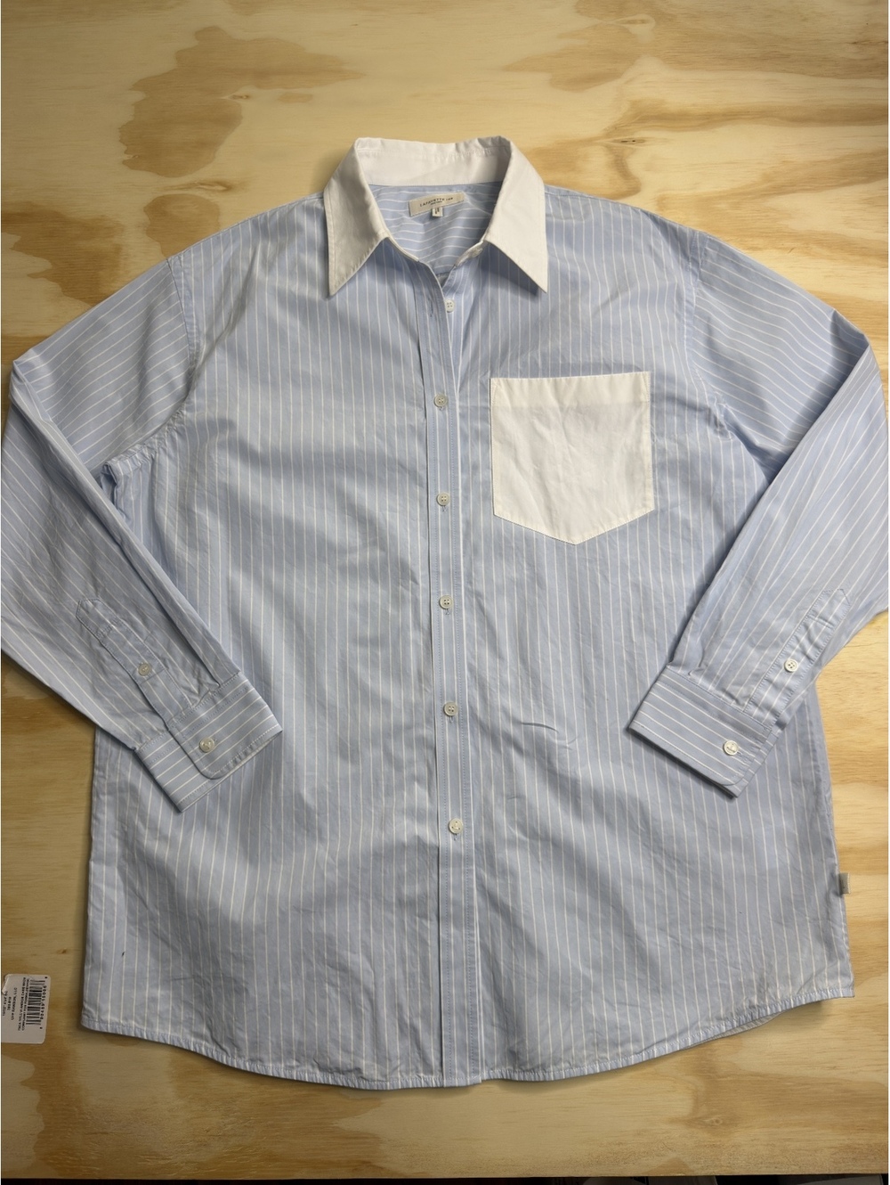 Lafayette 148 New York Oversized Light Blue & White Striped Button-Down Shirt - Picture 1 of 9